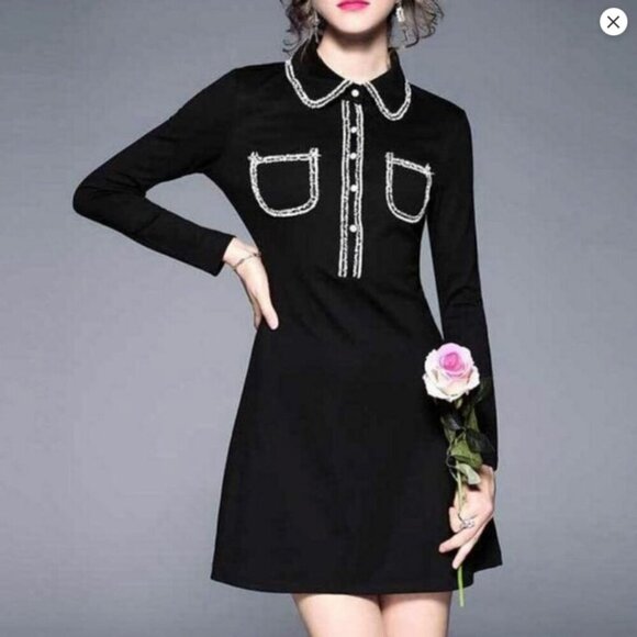 Sonja Morgan Black Collared Long Sleeve Mini Dress Beaded Trim, Size Large NWT - Picture 4 of 15